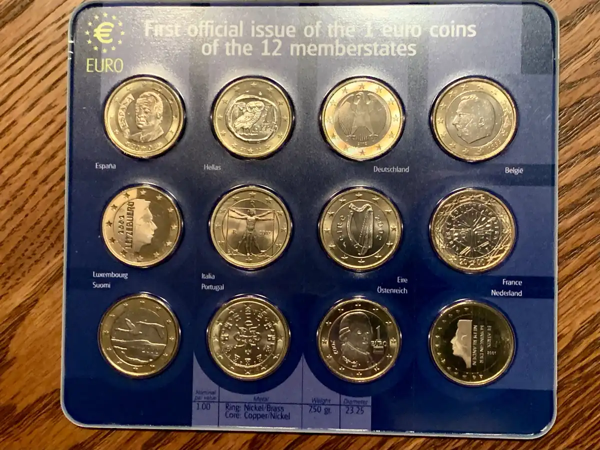 First-Official-Issue-Of-The-One-Euro-Coins-Of-The-12-Memberstates